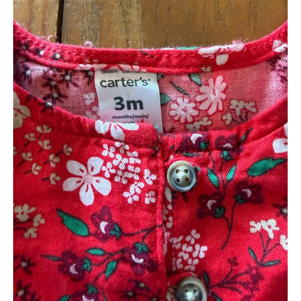 Carters Baby Girl Red Floral Ruffle Tiered Long Sleeve Cotton Dress 3 Months NEW